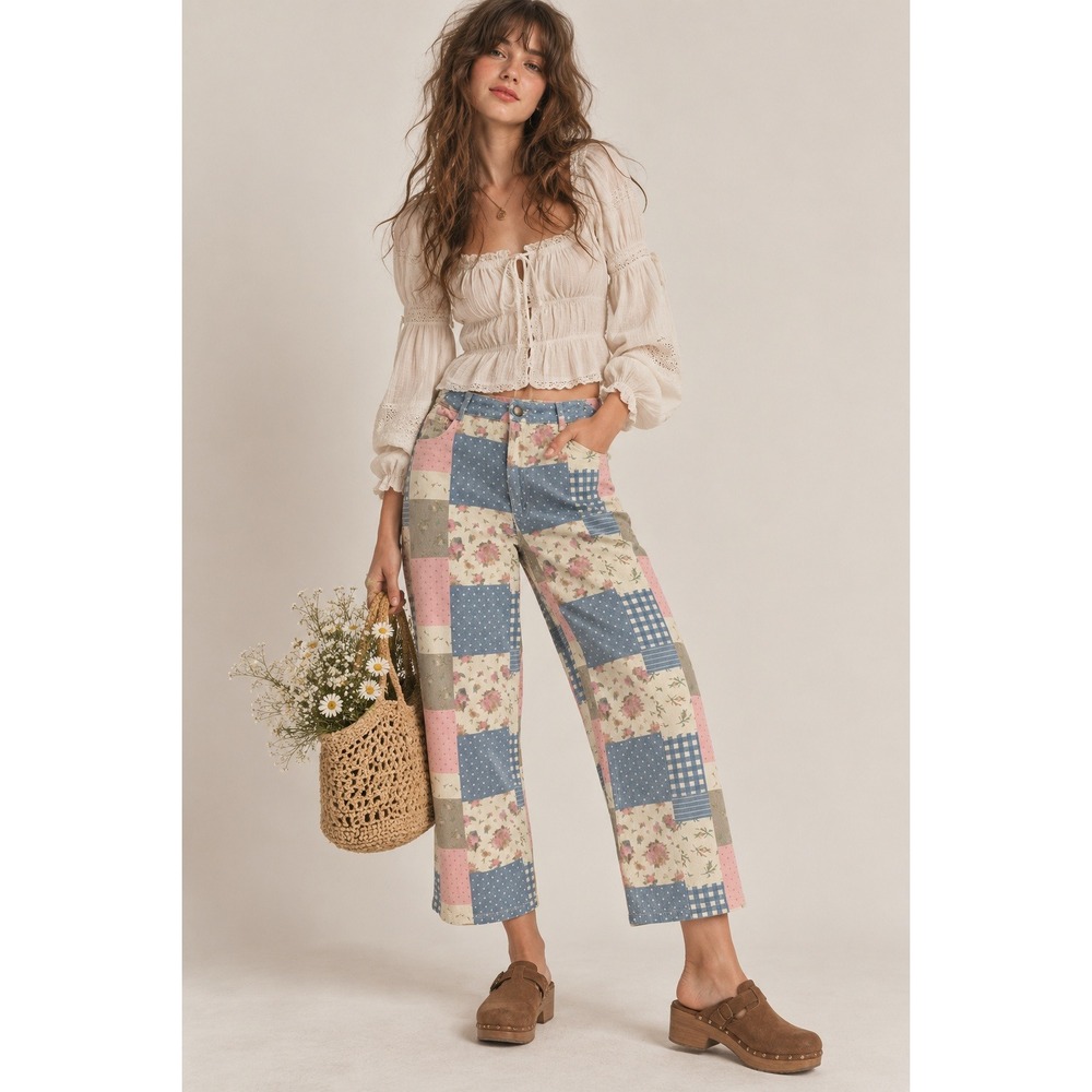 Cider Patchwork Floral Wide Leg Jeans Women S Pink Blue Boho Cottage Retro